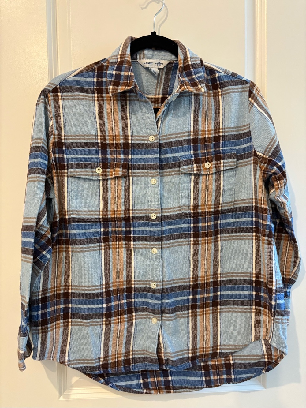 Old Navy Long Sleeve Plaid Flannel Boyfriend Tunic Shirt in Light Blue